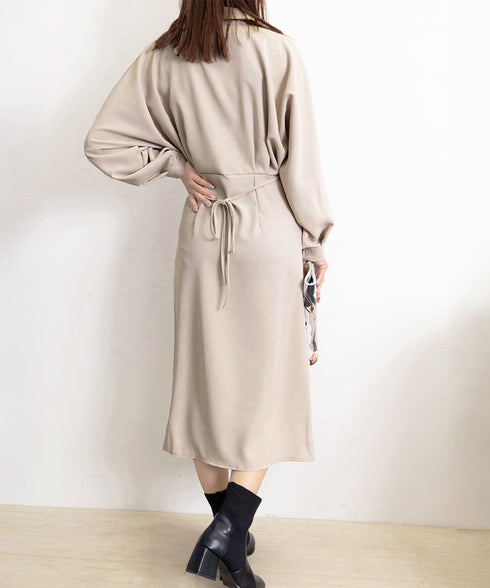 きれいめシャツワンピース ウエストマーク 韓国風 ミモレワンピース長袖 レディース 着やせ ロングワンピース上品 大人可愛いワンピ エレガント シャツカーディガン 86CHENXINI-007