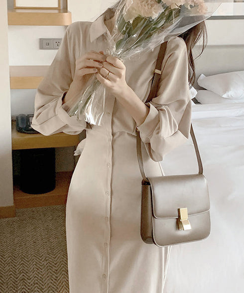 きれいめシャツワンピース ウエストマーク 韓国風 ミモレワンピース長袖 レディース 着やせ ロングワンピース上品 大人可愛いワンピ エレガント シャツカーディガン 86CHENXINI-007