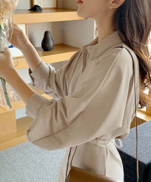 きれいめシャツワンピース ウエストマーク 韓国風 ミモレワンピース長袖 レディース 着やせ ロングワンピース上品 大人可愛いワンピ エレガント シャツカーディガン 86CHENXINI-007