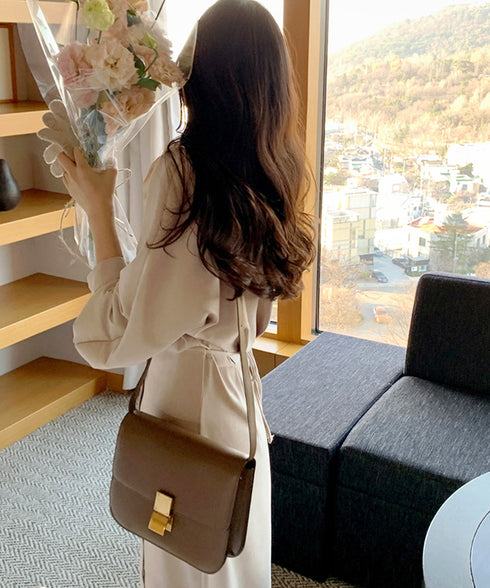 きれいめシャツワンピース ウエストマーク 韓国風 ミモレワンピース長袖 レディース 着やせ ロングワンピース上品 大人可愛いワンピ エレガント シャツカーディガン 86CHENXINI-007