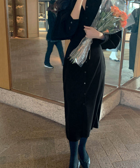 きれいめシャツワンピース ウエストマーク 韓国風 ミモレワンピース長袖 レディース 着やせ ロングワンピース上品 大人可愛いワンピ エレガント シャツカーディガン 86CHENXINI-007