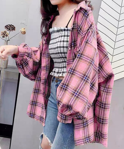 オーバーサイズ チェックシャツレディース ゆったりシャツカーディガン ボリューム袖 カジュアル チュニックシャツ ドロップショルダー長袖羽織り 春秋ライトアウター 86CHENXINI-008