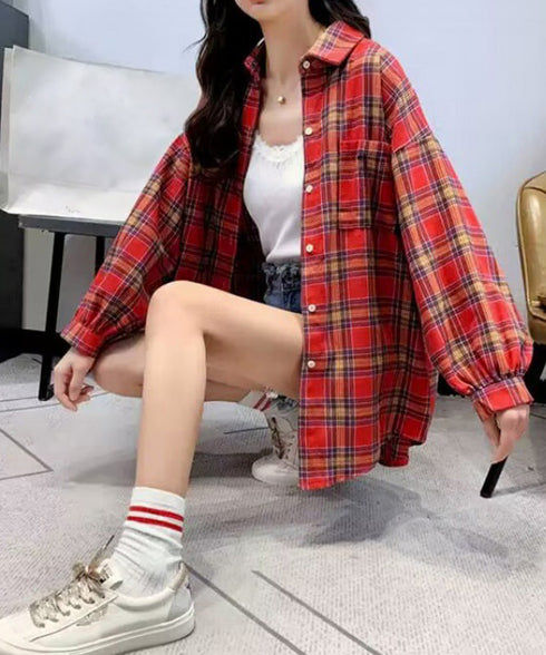 オーバーサイズ チェックシャツレディース ゆったりシャツカーディガン ボリューム袖 カジュアル チュニックシャツ ドロップショルダー長袖羽織り 春秋ライトアウター 86CHENXINI-008