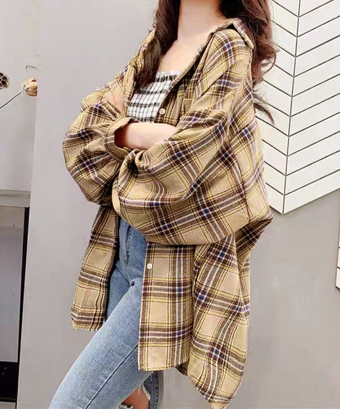 オーバーサイズ チェックシャツレディース ゆったりシャツカーディガン ボリューム袖 カジュアル チュニックシャツ ドロップショルダー長袖羽織り 春秋ライトアウター 86CHENXINI-008