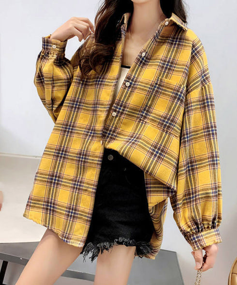 オーバーサイズ チェックシャツレディース ゆったりシャツカーディガン ボリューム袖 カジュアル チュニックシャツ ドロップショルダー長袖羽織り 春秋ライトアウター 86CHENXINI-008