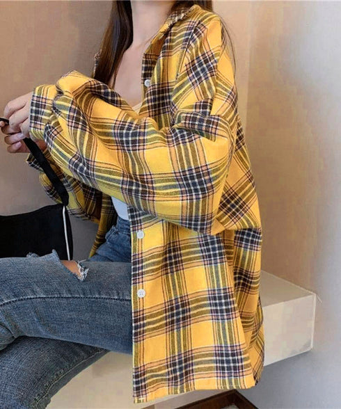 オーバーサイズ チェックシャツレディース ゆったりシャツカーディガン ボリューム袖 カジュアル チュニックシャツ ドロップショルダー長袖羽織り 春秋ライトアウター 86CHENXINI-008