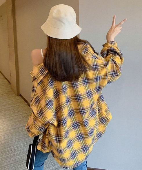 オーバーサイズ チェックシャツレディース ゆったりシャツカーディガン ボリューム袖 カジュアル チュニックシャツ ドロップショルダー長袖羽織り 春秋ライトアウター 86CHENXINI-008
