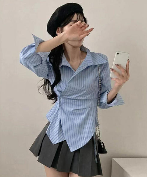 長袖ラップブラウス カシュクール春服秋服 レディース ストライプ柄ブラウス ウエストマーク ペプラムシャツブラウス襟付き 着やせトップス Vネックシャツ おしゃれ 86CHENXINI-010