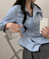 長袖ラップブラウス カシュクール春服秋服 レディース ストライプ柄ブラウス ウエストマーク ペプラムシャツブラウス襟付き 着やせトップス Vネックシャツ おしゃれ 86CHENXINI-010