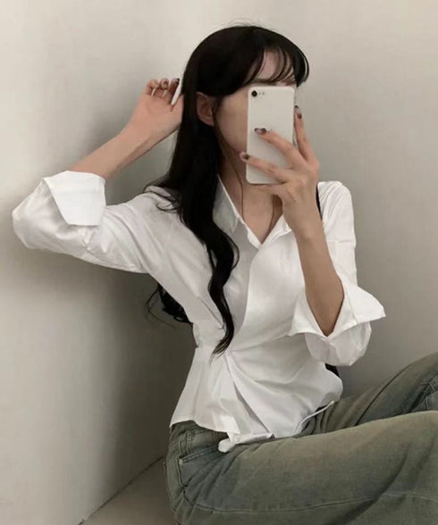 長袖ラップブラウス カシュクール春服秋服 レディース ストライプ柄ブラウス ウエストマーク ペプラムシャツブラウス襟付き 着やせトップス Vネックシャツ おしゃれ 86CHENXINI-010
