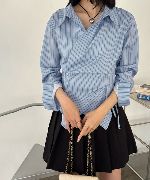 長袖ラップブラウス カシュクール春服秋服 レディース ストライプ柄ブラウス ウエストマーク ペプラムシャツブラウス襟付き 着やせトップス Vネックシャツ おしゃれ 86CHENXINI-010