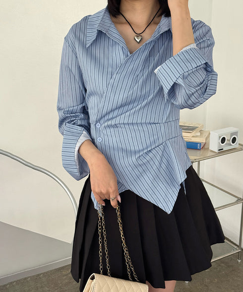 長袖ラップブラウス カシュクール春服秋服 レディース ストライプ柄ブラウス ウエストマーク ペプラムシャツブラウス襟付き 着やせトップス Vネックシャツ おしゃれ 86CHENXINI-010