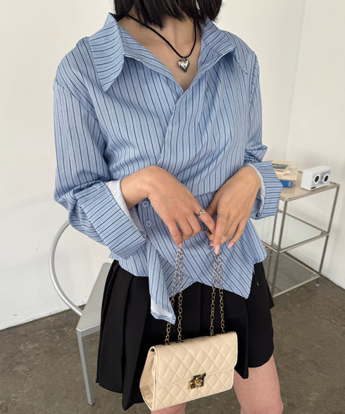 長袖ラップブラウス カシュクール春服秋服 レディース ストライプ柄ブラウス ウエストマーク ペプラムシャツブラウス襟付き 着やせトップス Vネックシャツ おしゃれ 86CHENXINI-010