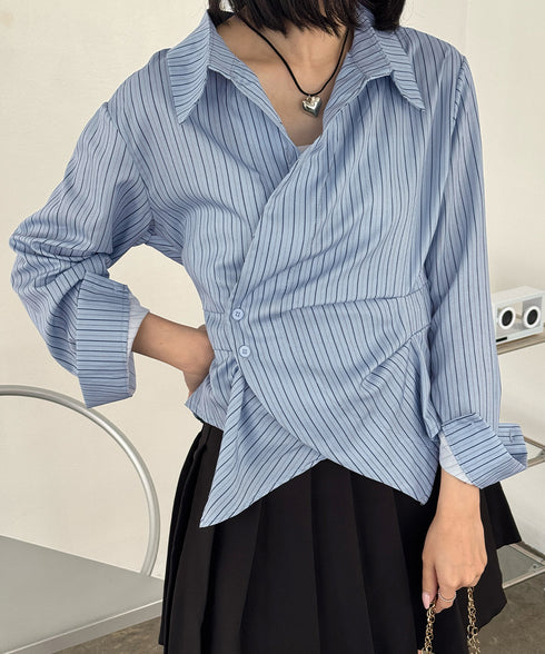 長袖ラップブラウス カシュクール春服秋服 レディース ストライプ柄ブラウス ウエストマーク ペプラムシャツブラウス襟付き 着やせトップス Vネックシャツ おしゃれ 86CHENXINI-010