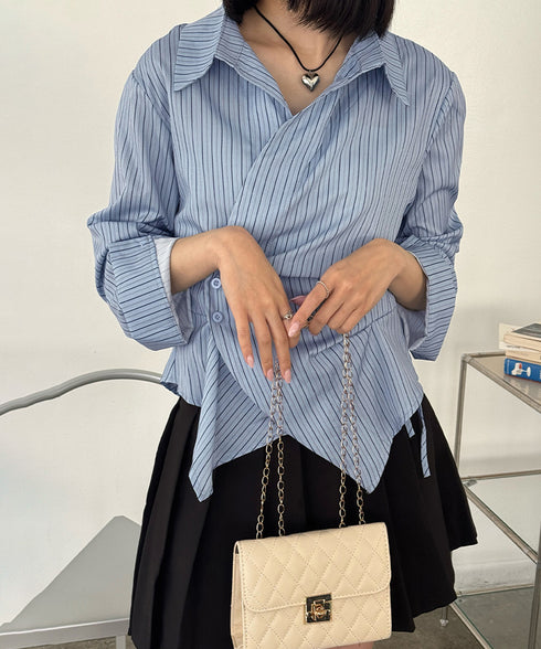 長袖ラップブラウス カシュクール春服秋服 レディース ストライプ柄ブラウス ウエストマーク ペプラムシャツブラウス襟付き 着やせトップス Vネックシャツ おしゃれ 86CHENXINI-010