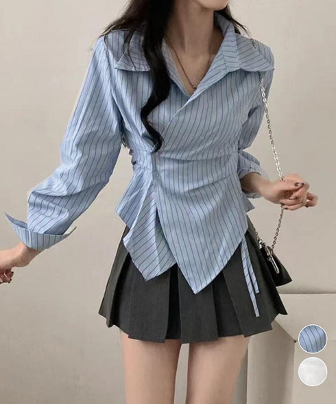 長袖ラップブラウス カシュクール春服秋服 レディース ストライプ柄ブラウス ウエストマーク ペプラムシャツブラウス襟付き 着やせトップス Vネックシャツ おしゃれ 86CHENXINI-010