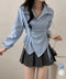 長袖ラップブラウス カシュクール春服秋服 レディース ストライプ柄ブラウス ウエストマーク ペプラムシャツブラウス襟付き 着やせトップス Vネックシャツ おしゃれ 86CHENXINI-010