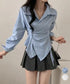 長袖ラップブラウス カシュクール春服秋服 レディース ストライプ柄ブラウス ウエストマーク ペプラムシャツブラウス襟付き 着やせトップス Vネックシャツ おしゃれ 86CHENXINI-010