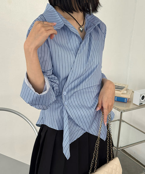 長袖ラップブラウス カシュクール春服秋服 レディース ストライプ柄ブラウス ウエストマーク ペプラムシャツブラウス襟付き 着やせトップス Vネックシャツ おしゃれ 86CHENXINI-010
