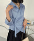 長袖ラップブラウス カシュクール春服秋服 レディース ストライプ柄ブラウス ウエストマーク ペプラムシャツブラウス襟付き 着やせトップス Vネックシャツ おしゃれ 86CHENXINI-010