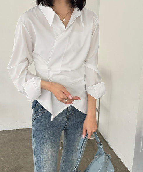 長袖ラップブラウス カシュクール春服秋服 レディース ストライプ柄ブラウス ウエストマーク ペプラムシャツブラウス襟付き 着やせトップス Vネックシャツ おしゃれ 86CHENXINI-010