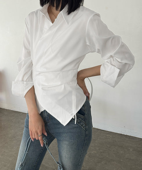 長袖ラップブラウス カシュクール春服秋服 レディース ストライプ柄ブラウス ウエストマーク ペプラムシャツブラウス襟付き 着やせトップス Vネックシャツ おしゃれ 86CHENXINI-010