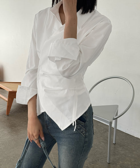 長袖ラップブラウス カシュクール春服秋服 レディース ストライプ柄ブラウス ウエストマーク ペプラムシャツブラウス襟付き 着やせトップス Vネックシャツ おしゃれ 86CHENXINI-010