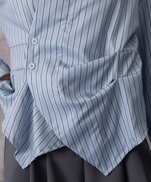 長袖ラップブラウス カシュクール春服秋服 レディース ストライプ柄ブラウス ウエストマーク ペプラムシャツブラウス襟付き 着やせトップス Vネックシャツ おしゃれ 86CHENXINI-010