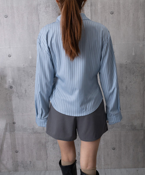 長袖ラップブラウス カシュクール春服秋服 レディース ストライプ柄ブラウス ウエストマーク ペプラムシャツブラウス襟付き 着やせトップス Vネックシャツ おしゃれ 86CHENXINI-010