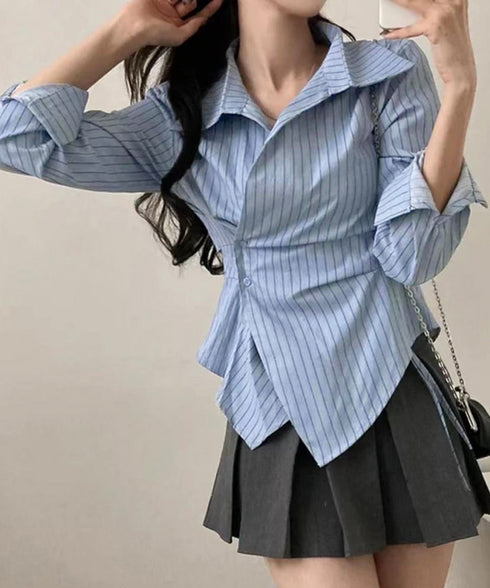 長袖ラップブラウス カシュクール春服秋服 レディース ストライプ柄ブラウス ウエストマーク ペプラムシャツブラウス襟付き 着やせトップス Vネックシャツ おしゃれ 86CHENXINI-010