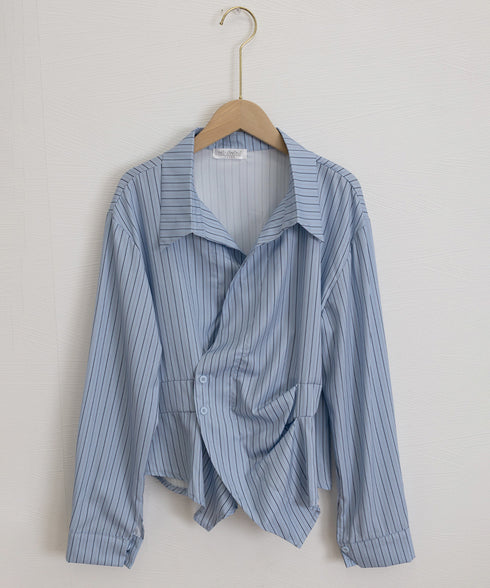 長袖ラップブラウス カシュクール春服秋服 レディース ストライプ柄ブラウス ウエストマーク ペプラムシャツブラウス襟付き 着やせトップス Vネックシャツ おしゃれ 86CHENXINI-010