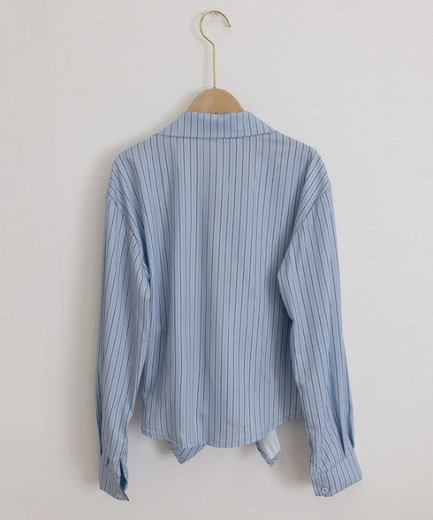 長袖ラップブラウス カシュクール春服秋服 レディース ストライプ柄ブラウス ウエストマーク ペプラムシャツブラウス襟付き 着やせトップス Vネックシャツ おしゃれ 86CHENXINI-010