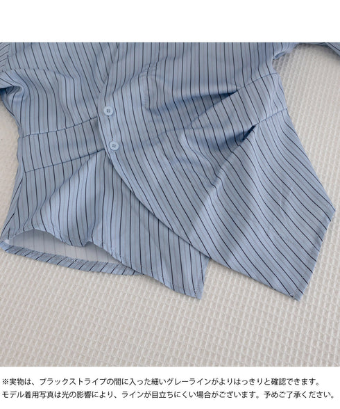 長袖ラップブラウス カシュクール春服秋服 レディース ストライプ柄ブラウス ウエストマーク ペプラムシャツブラウス襟付き 着やせトップス Vネックシャツ おしゃれ 86CHENXINI-010