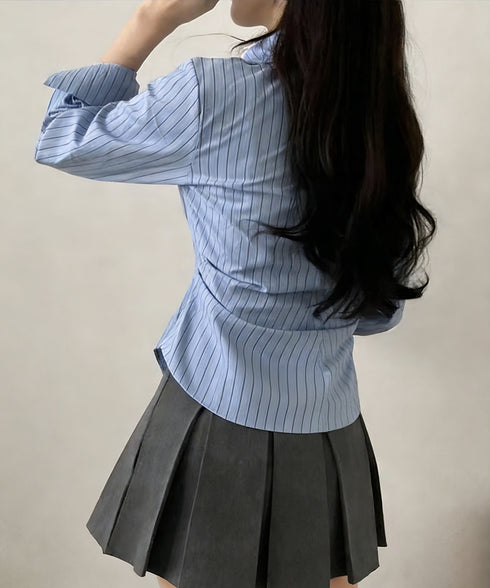 長袖ラップブラウス カシュクール春服秋服 レディース ストライプ柄ブラウス ウエストマーク ペプラムシャツブラウス襟付き 着やせトップス Vネックシャツ おしゃれ 86CHENXINI-010