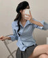 長袖ラップブラウス カシュクール春服秋服 レディース ストライプ柄ブラウス ウエストマーク ペプラムシャツブラウス襟付き 着やせトップス Vネックシャツ おしゃれ 86CHENXINI-010