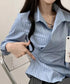 長袖ラップブラウス カシュクール春服秋服 レディース ストライプ柄ブラウス ウエストマーク ペプラムシャツブラウス襟付き 着やせトップス Vネックシャツ おしゃれ 86CHENXINI-010