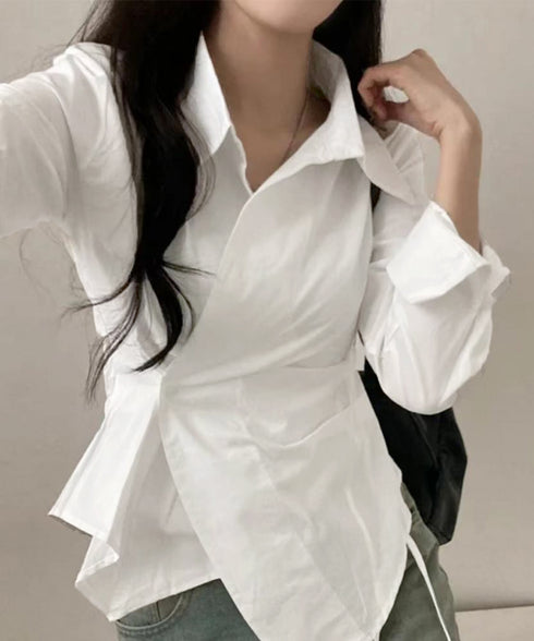長袖ラップブラウス カシュクール春服秋服 レディース ストライプ柄ブラウス ウエストマーク ペプラムシャツブラウス襟付き 着やせトップス Vネックシャツ おしゃれ 86CHENXINI-010