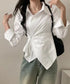 長袖ラップブラウス カシュクール春服秋服 レディース ストライプ柄ブラウス ウエストマーク ペプラムシャツブラウス襟付き 着やせトップス Vネックシャツ おしゃれ 86CHENXINI-010