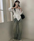 長袖ラップブラウス カシュクール春服秋服 レディース ストライプ柄ブラウス ウエストマーク ペプラムシャツブラウス襟付き 着やせトップス Vネックシャツ おしゃれ 86CHENXINI-010