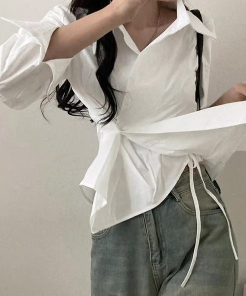 長袖ラップブラウス カシュクール春服秋服 レディース ストライプ柄ブラウス ウエストマーク ペプラムシャツブラウス襟付き 着やせトップス Vネックシャツ おしゃれ 86CHENXINI-010