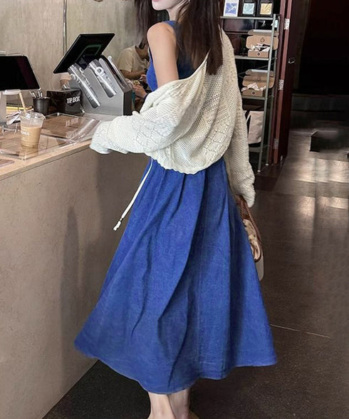 デニム風 ロングワンピース ノースリーブ 低身長フレアワンピース袖なし aラインワンピースレディースきれいめ ミモレ丈ワンピースカジュアル ポケット付タンクワンピ 86CHENXINI-013