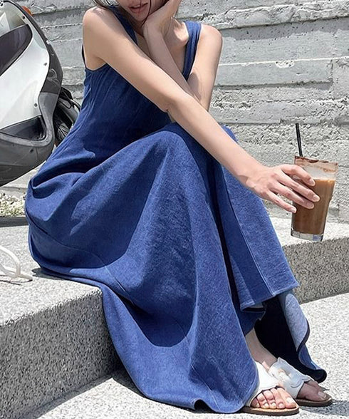 デニム風 ロングワンピース ノースリーブ 低身長フレアワンピース袖なし aラインワンピースレディースきれいめ ミモレ丈ワンピースカジュアル ポケット付タンクワンピ 86CHENXINI-013