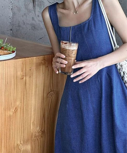 デニム風 ロングワンピース ノースリーブ 低身長フレアワンピース袖なし aラインワンピースレディースきれいめ ミモレ丈ワンピースカジュアル ポケット付タンクワンピ 86CHENXINI-013