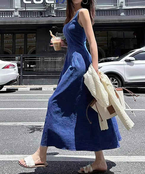 デニム風 ロングワンピース ノースリーブ 低身長フレアワンピース袖なし aラインワンピースレディースきれいめ ミモレ丈ワンピースカジュアル ポケット付タンクワンピ 86CHENXINI-013