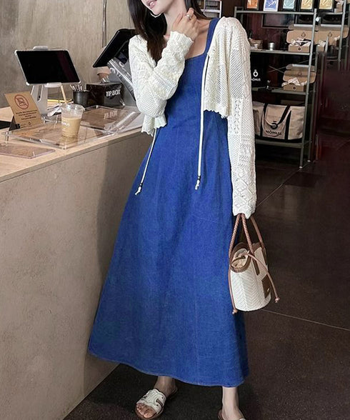 デニム風 ロングワンピース ノースリーブ 低身長フレアワンピース袖なし aラインワンピースレディースきれいめ ミモレ丈ワンピースカジュアル ポケット付タンクワンピ 86CHENXINI-013
