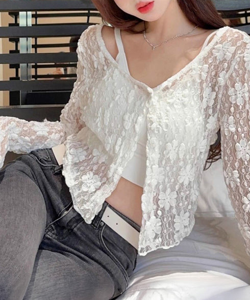 総レースカーディガン シアーボレロ 長袖 レディース 花柄レース春服夏服 透け感 クロップドカーディガン きれいめ大人可愛いショート丈羽織り 冷房対策上着 韓国風 86CHENXINI-014