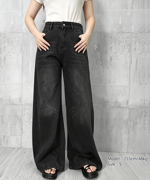 ヴィンテージデニムトパンツ ハイウエスト ケミカルウォッシュ バギーデニムパンツレディース ワイドデニム 古着風ルーズデニム 韓国風ジーンズ 美脚脚長パンツ色落ち 86CHENXINI-015