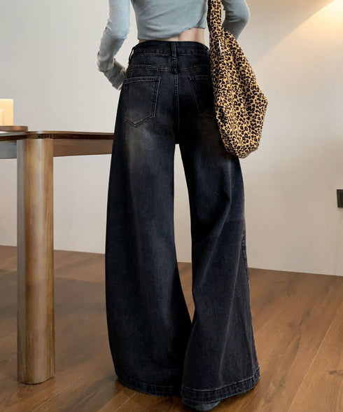 ヴィンテージデニムトパンツ ハイウエスト ケミカルウォッシュ バギーデニムパンツレディース ワイドデニム 古着風ルーズデニム 韓国風ジーンズ 美脚脚長パンツ色落ち 86CHENXINI-015