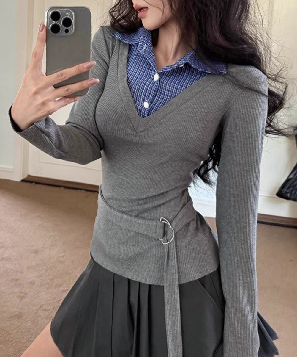 チェック襟レイヤード風トップス韓国風秋服