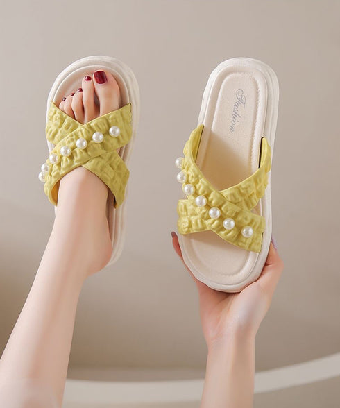 クロスベルト厚底サンダルスリッパサンダル コンフォートサンダル レディース 大人可愛い 歩きやすいフラットサンダル パール付き ビーチサンダル 軽量スリッパ 美脚 86CHYZ-001